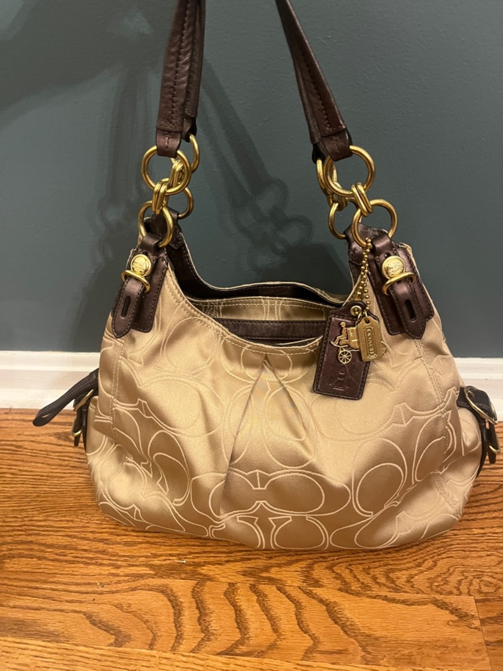 Coach Signature Beige and Brown Hobo Shoulder Bag 16153 - Picture 1 of 16